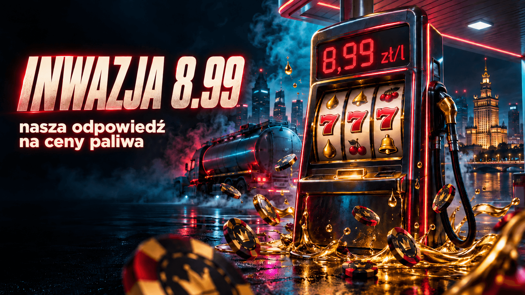Inwazja 8.99 — neonowy dystrybutor paliwa połączony z automatem do gry na tle nocnej Warszawy