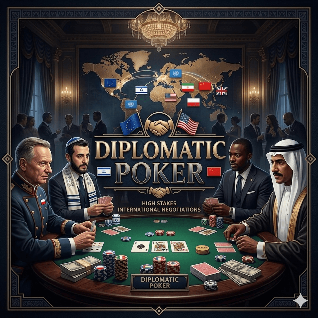 Diplomatic Poker — stół negocjacyjny z kartami, flagami delegacji i mapą świata w tle