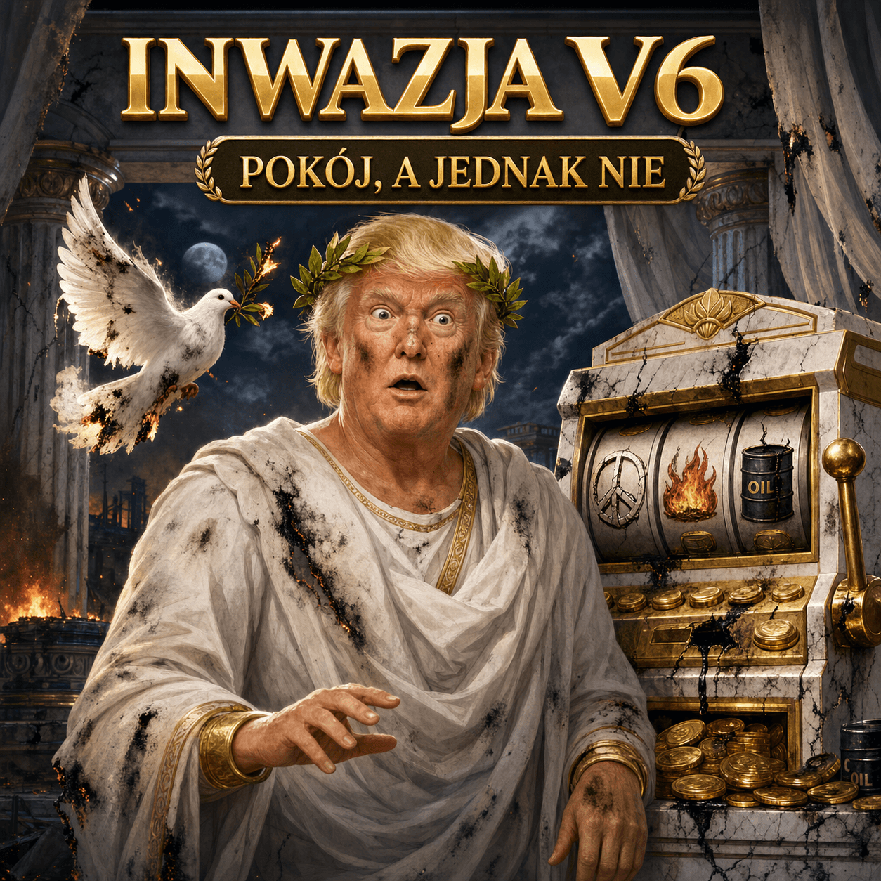 Inwazja V6 Pokój, a jednak nie — spalony rzymski automat, uciekający gołąb i zaskoczony przywódca