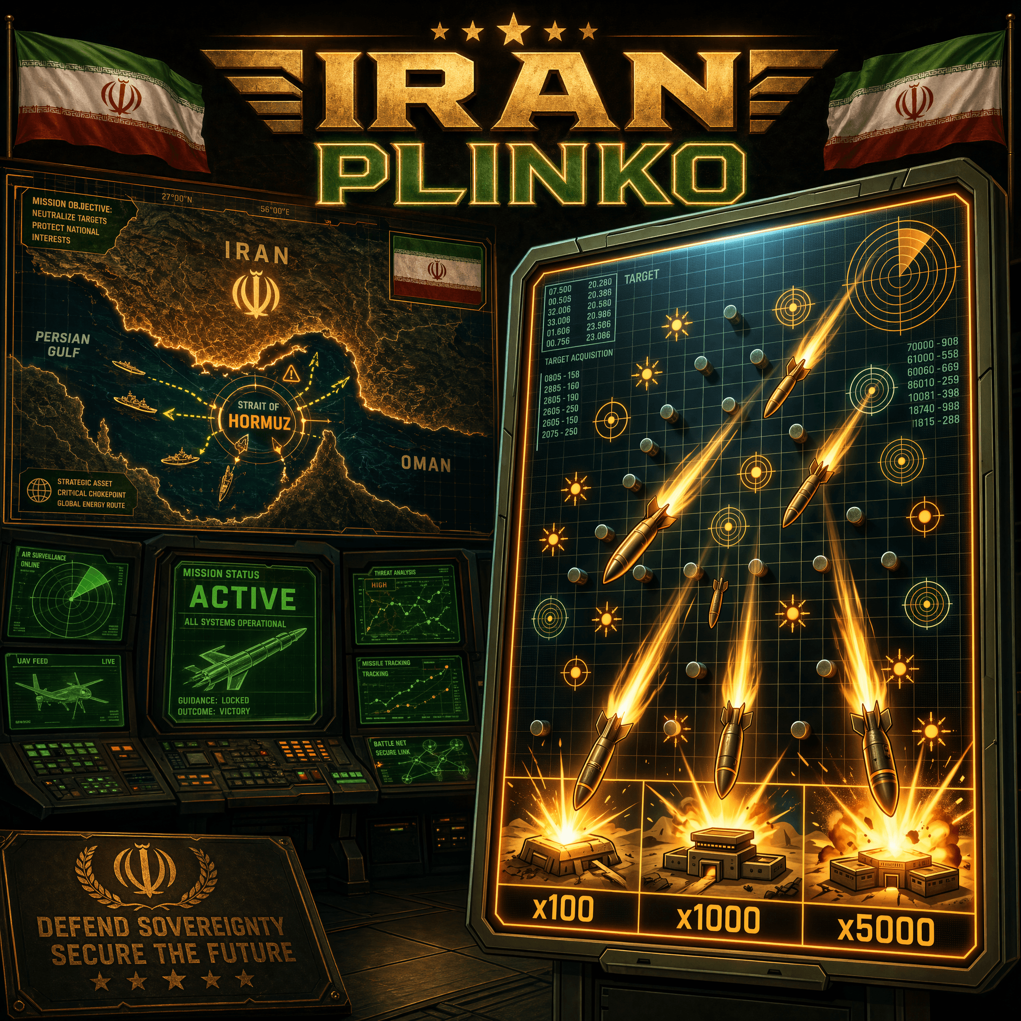 Iran Plinko — centrum dowodzenia z mapą Zatoki Perskiej i tablicą trafień w stylu militarnego HUD