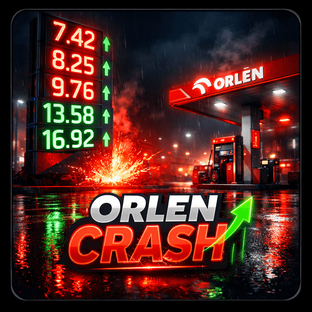Orlen Crash — neonowy pylon cenowy stacji Orlen w deszczową noc