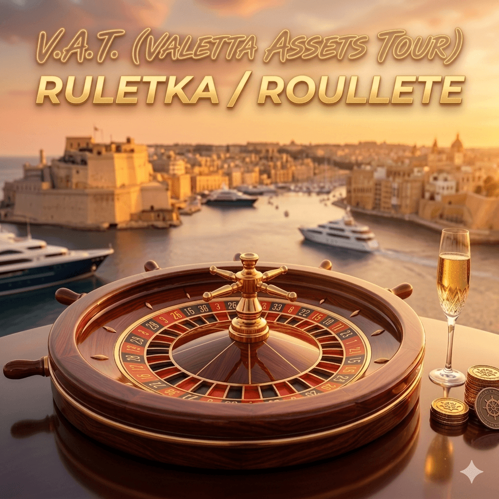 V.A.T. Valletta Assets Tour — ruletka na tle portu w Valletcie o zachodzie słońca